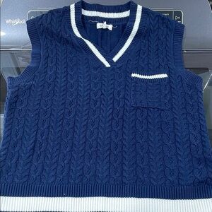 Blue and White V-Neck Cable Knit Sweater Vest